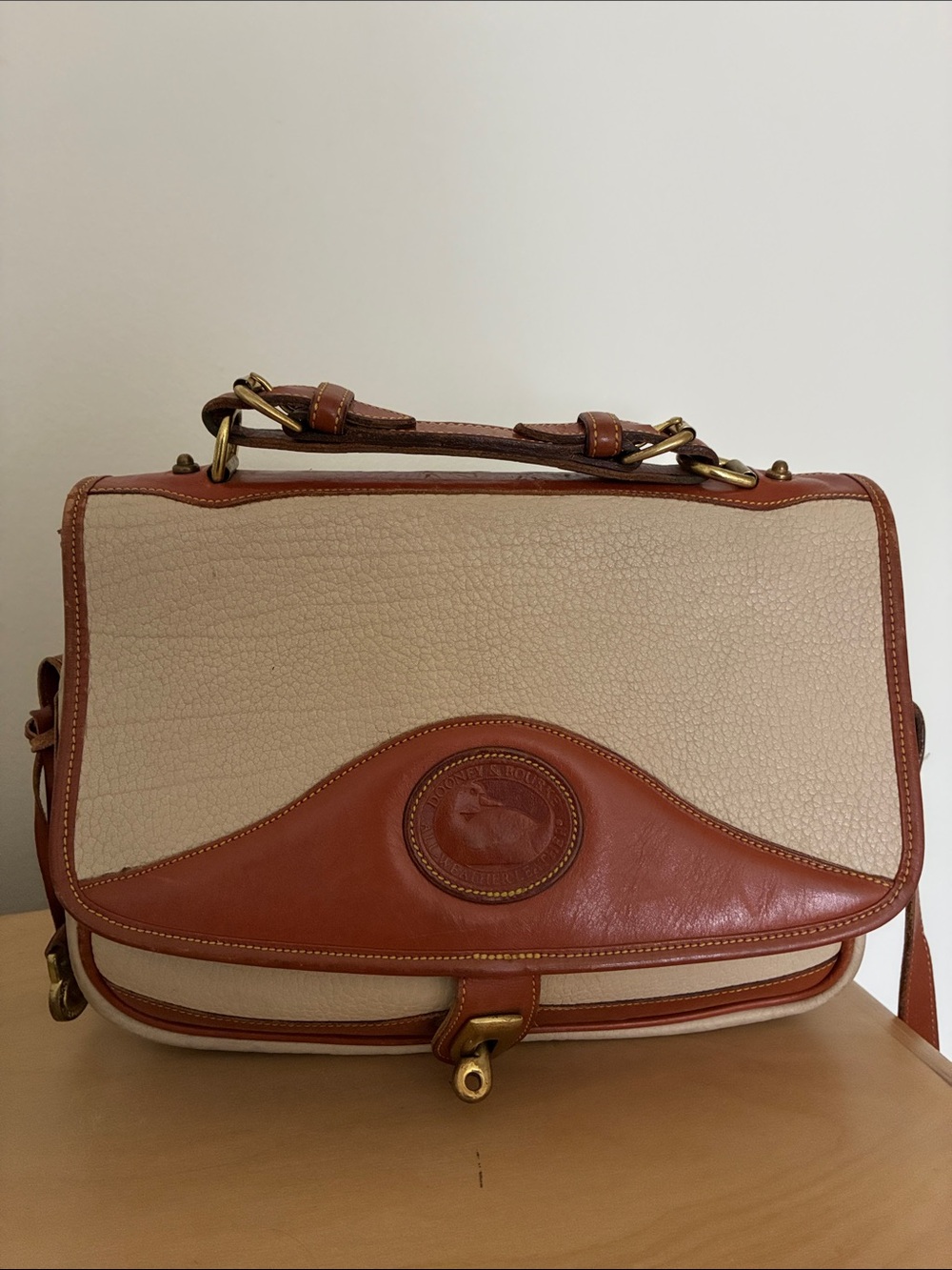 Leather-Trim Beige and Brown Satchel Handbag
